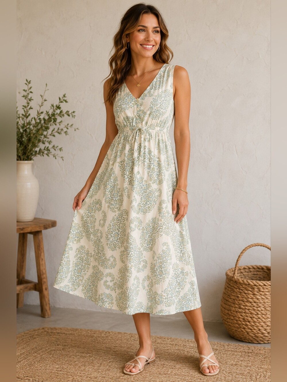 Bass Linen Cotton Sleeveless Midi Dress Size 4 Green Floral Paisley Boho...